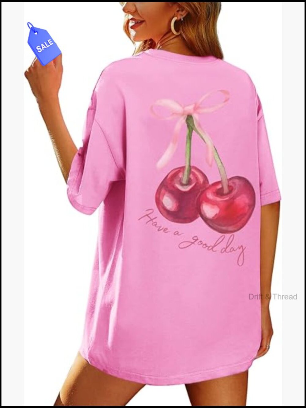 Oversized Graphic Tee Cherry Print Cotton Trendy Summer Top
